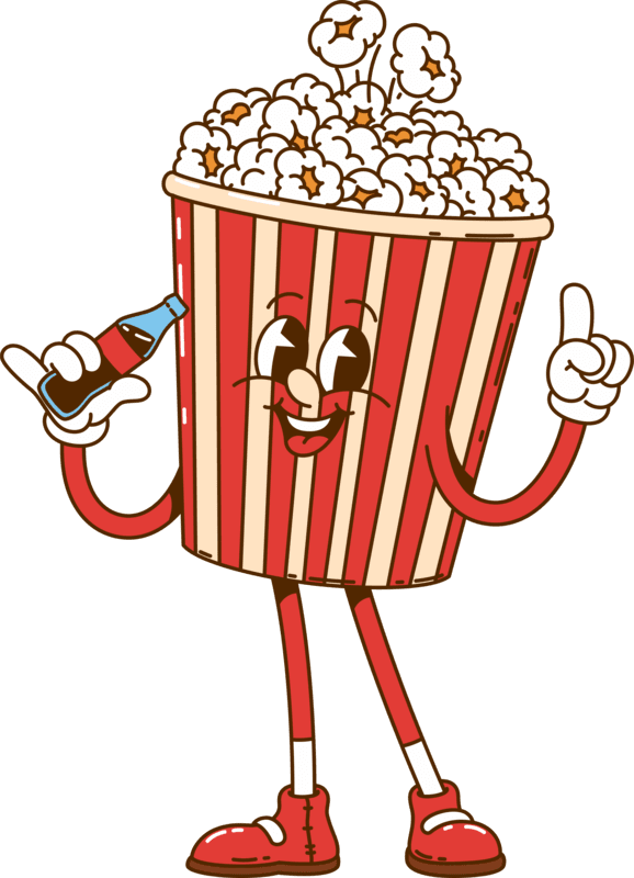 Retro popcorn character with a Coca Cola in hand